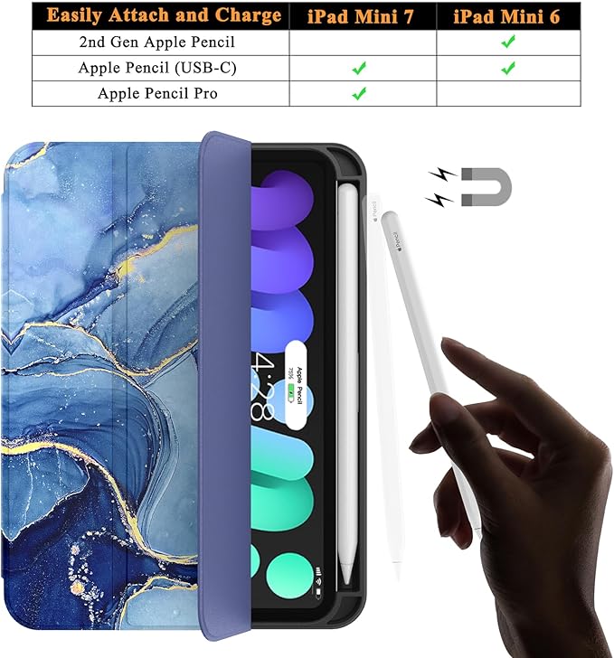 Soke Case for iPad mini 7(A17 Pro) 2024/iPad Mini 6 2021 8.3 inch with Pencil Holder-[Pencil Charging + Auto Wake/Sleep], Soft TPU Back Cover for iPad mini 7th/6th Generation(Ocean Marble)
