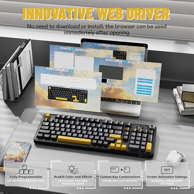 MAMBASNAKE Attack Shark X98 Pro Wireless Mechanical Keyboard with Screen & Knob, 2.4G/USB-C/BT5.0 Gasket Hot Swappable Creamy Keyboard102 Keys, Web Driver RGB Gaming Keyboard for PC/Mac/PS4/Xbox