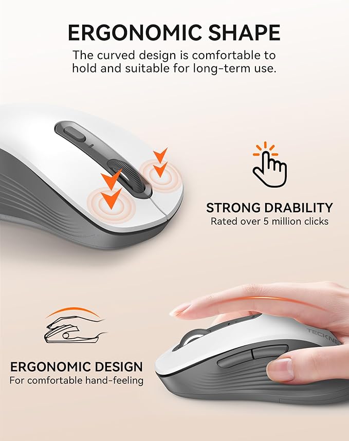 TECKNET Bluetooth Mouse, [ USB + BT1 + BT2 ] Wireless Mouse for Laptop, Silent Click, Ergonomic Design, 4800 DPI Computer Mice Wireless, Dual Mode for Laptop, Computer, iPad, MacBook