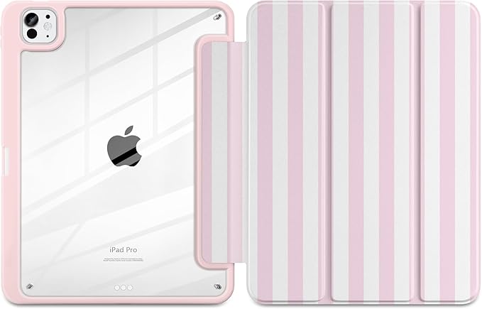 Case for iPad Pro 13 inch (M5) 2025 (M4) 2024 Release with Pencil Holder -Cute Pink White Striped Trifold Cover with Clear Back Auto Sleep/Wake, Aesthetic Soft Protective Skin for Girls Women