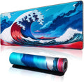 Hopipad Japanese Style Waves Large Gaming Mouse Pad for Desk, Desk Mat with Seamed Edges, Waterproof Desk Pad, Non-Slip Rubber Base, 31.5x11.8 Inch Keyboard Pad Computer Mat, Big XL Mousepad