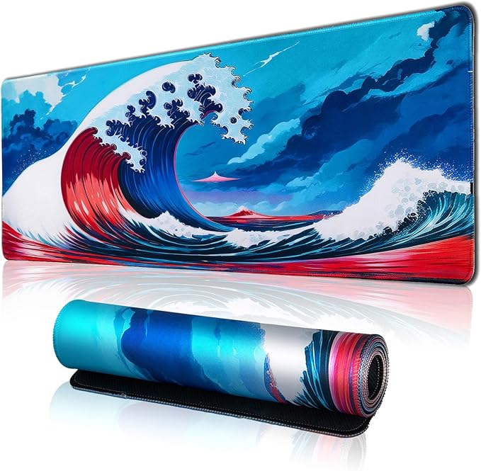 Hopipad Japanese Style Waves Large Gaming Mouse Pad for Desk, Desk Mat with Seamed Edges, Waterproof Desk Pad, Non-Slip Rubber Base, 31.5x11.8 Inch Keyboard Pad Computer Mat, Big XL Mousepad
