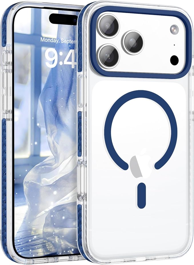 BENTOBEN Magnetic for iPhone 17 Pro Max Case 6.9", Compatible with Magsafe Military Shockproof Protective Bumper Cute Transparent Slim Anti-Yellowing Case for iPhone 17 Pro Max Cover, Clear Deep Blue