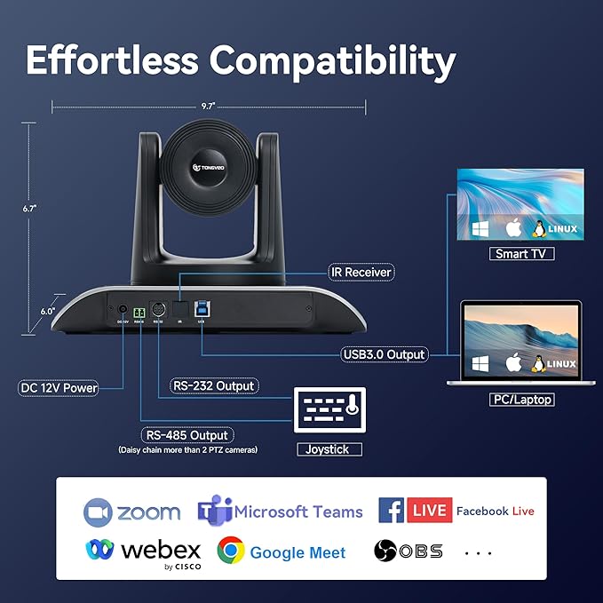 TONGVEO 4K PTZ Camera with AI-Powered Auto-Tracking 5X Digital Zoom USB 3.0 120-Degree Wide-Angle PTZ Webcam for Video Conference YouTube/Teams/Zoom Meeting Live Streaming