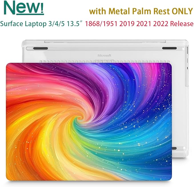 Case for 13.5" Microsoft Surface Laptop 5/4/3 with Metal Palm Rest ONLY 2019-2022 Release Models:1868/1951, Plastic Hard Shell Case with Keyboard Cover & Screen Protector, Swirling Rainbow