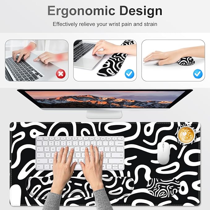 Large Gaming Mouse Pad Set, 4 in 1 Extended Keyboard Desk Mat with Wrist Rest, Computer Game Mousepad, Non-Slip Desk Pad Easy Typing Pain Relief for Home Office I Black White Topographic