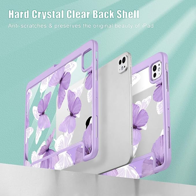 May Chen Case for iPad Pro 11-Inch M5/M4 2025/2024 (6th/5th Generation), Clear Transparent Print Back Shell Slim Stand Shockproof Tablet Cover, Auto Wake/Sleep, Butterfly P787