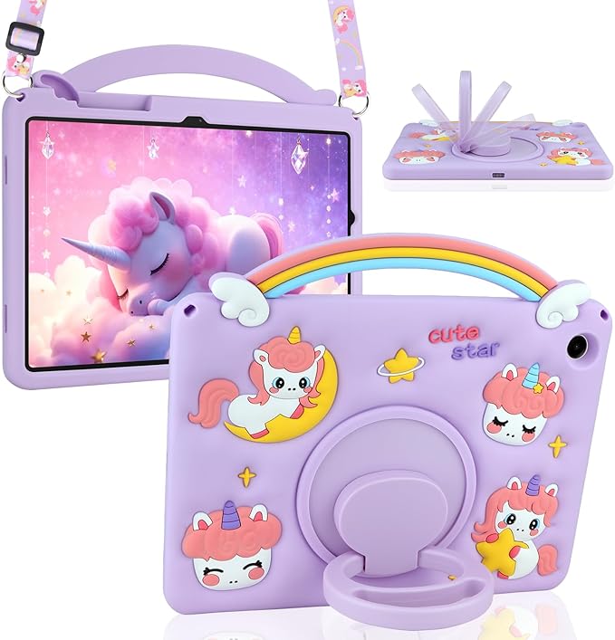 HianDier for Samsung Galaxy Tab A9 Plus Case Kids Girls Cute Unicorn for Galaxy A9+ Plus Tablet Case with Rainbow Handle and Detachable Lanyard Rotatable Kickstand Shockproof Protective Case-Purple