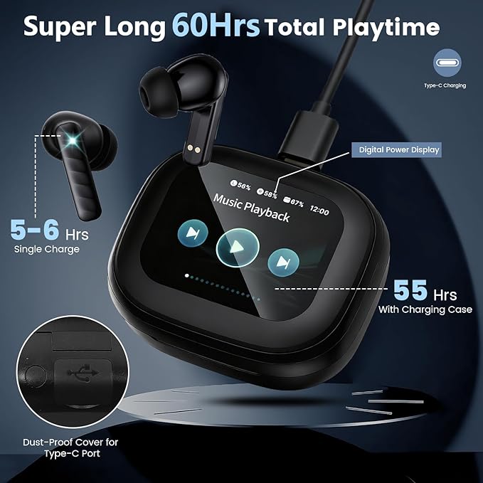 Touch Screen Earbuds, Wireless Bluetooth in-Ear Headphones with ANC Noise Cancelling, 60H Playtime, IPX5 Waterproof for Sports Gym Work Travel