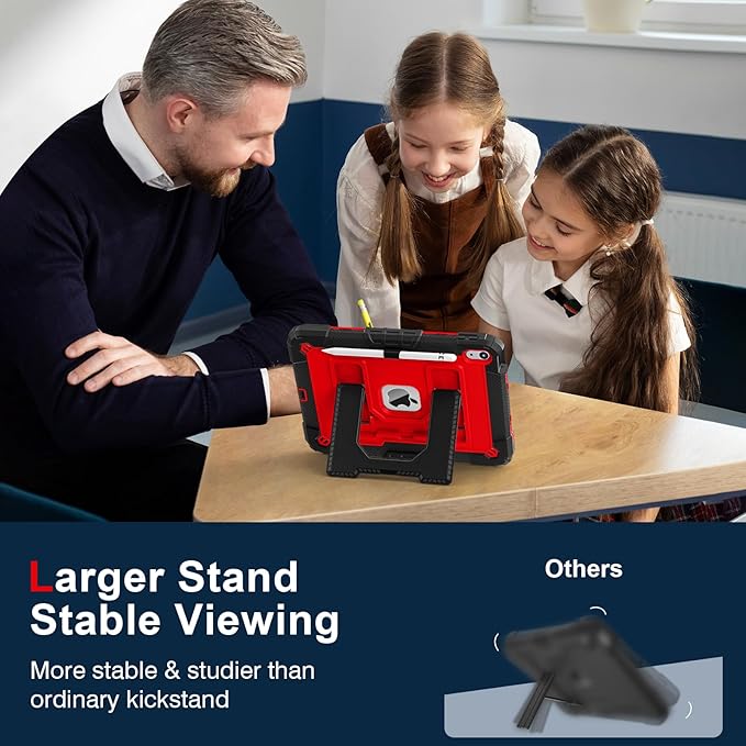 Kids Friendly Case for iPad A16 11th Generation 11 Inch 2025 / iPad 10th Generation 10.9" 2022 Case with Pencil Holder & Shoulder Strap, Hybrid iPad 11 10 Cover Rugged Shockproof Kickstand,Black+Red