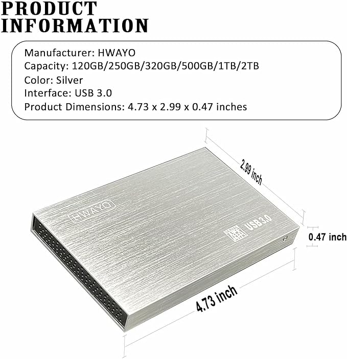 HWAYO 2.5'' HDD 750GB Ultra Slim Portable External Hard Drive USB3.0 Storage for Xbox One Console, PC, Laptop, MacBook (Silver)