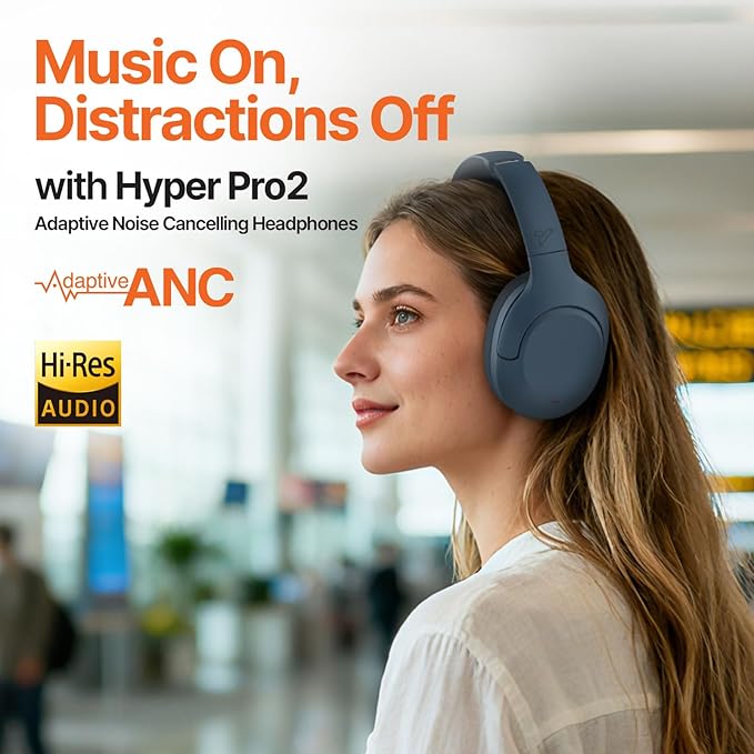 VOKALEN Hyper Pro 2 Bluetooth Headphones Over Ear, Hi-Res Audio, Adaptive Noise Cancelling, 60H Playtime, DEEP360 Spatial Sound, Comfort Mesh Ear Cushions, Deep Bass, Custom EQ (Pro 2, Navy)