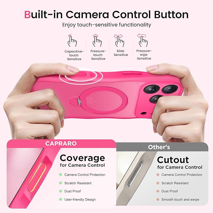 CAPRARO for iPhone 17 Pro Max Case with 360° Spin Magnetic Stand for Women, [Compatible with MagSafe] [Full Camera Protection] Cute Wave Translucent Matte Case for iPhone 17 Pro Max,Hot Pink