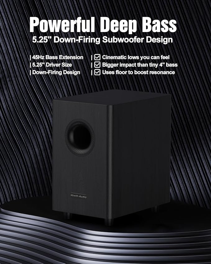 Wooden 5.1.2 Virtual Surround Sound System, 4 Surround Speakers Wired, 400W Peak Power, Sound Bars for Smart TV w/Subwoofer, 5.25'' Deep Bass, Home Theater TV System, ARC/Opt/BT/AUX