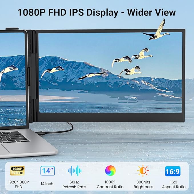 14" Triple Laptop Screen Extender, FHD 1080P IPS Ultra-Thin Portable Monitor, 2.2lbs Plug & Play USB-C/HDMI Travel Monitor for 13”-17” Laptops, Compatible with Windows, Mac, Android, Chrome