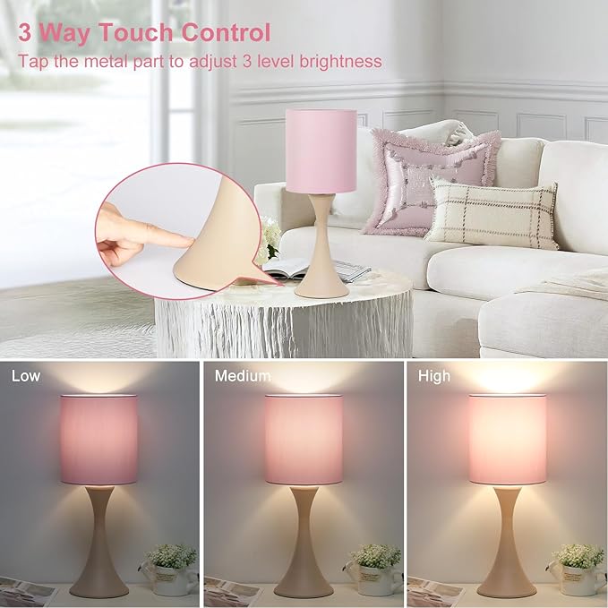 Seaside village Pink Touch Lamp, 3 Way Touch Control Desk Lamp, Bedside Dimmable Lamp Decorative Nightstand Lamp, Small Night Light for Girls, Living Room, Dorm, Home Office, 9W LED Bulb Included