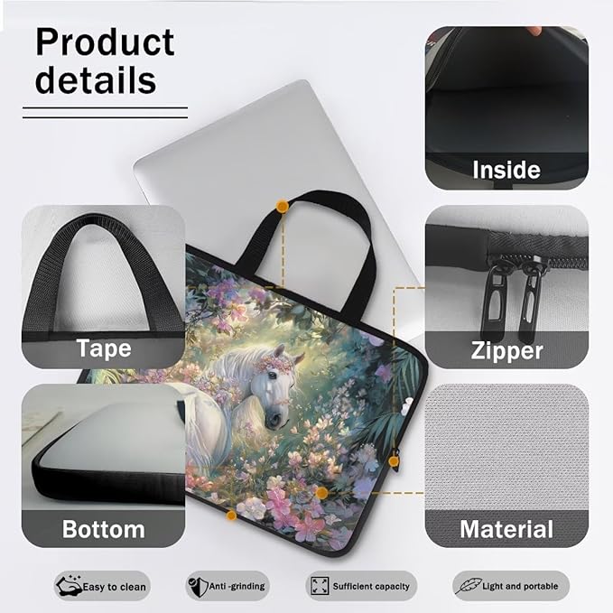 15 Inch Horse Flowers Laptop Sleeves, Zippered Computer Bag Waterproof Tablet Carrying Cover, Laptop Organizer Tote Bag Portable Notebook Handbag, Back to School Supplies College