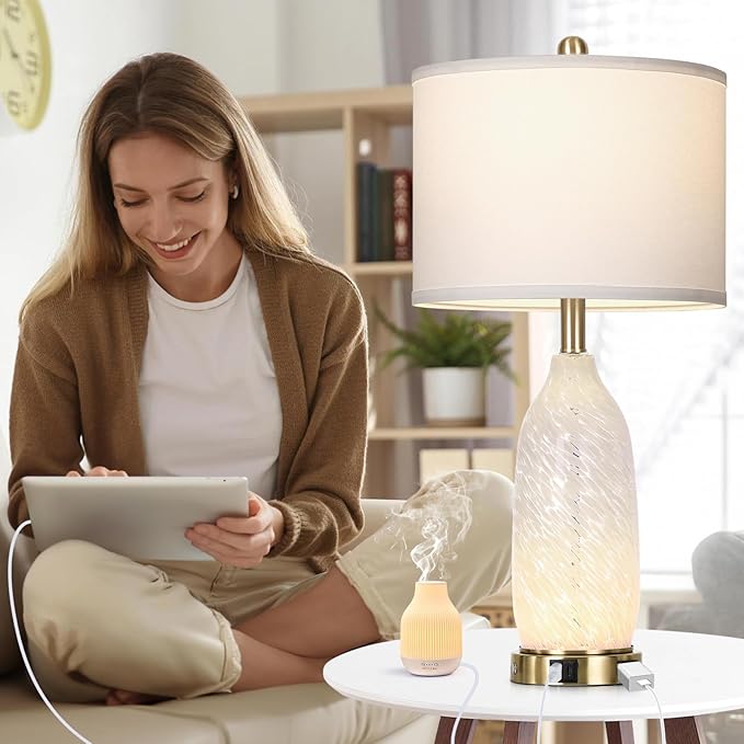 Rinweey 26" Modern Clear Glass Table Lamps Set of 2,Nightstand Lamp with USB A+C Ports & AC Outlet,Bedside Lamps with 3-Way Dimmable Touch Control Night Light for Bedroom Living Room(Bulbs Included)