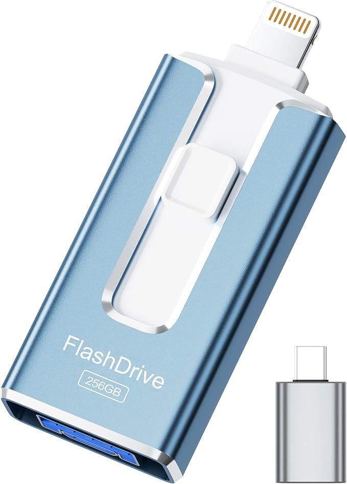MFi Certified Flash Drive for iPhone iPad 256GB, Photo Stick for External Memory Storage, Easily Back Up and Save Photos Videos, USB Memory Stick Thumb Drive for iPhone/iPad/Android/PC (Sky Blue)