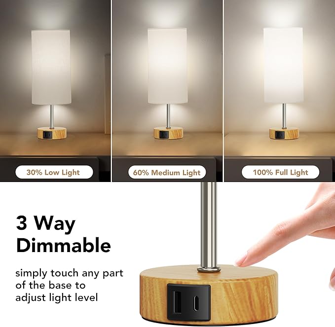 ROTTOGOON 12.8" Touch Control Table Lamp, 3-Way Dimmable Small Bedside Nightstand Lamp with 2 USB Ports, Modern Table Lamp with 5000K Daylight LED Bulb for Living Room (2 Pack)