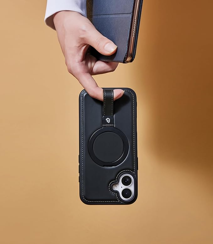 Butaiga for iPhone 17 Leather Case with Stand, Anti-Slip Grip Ring, Fits for MagSafe (Black, iPhone 17)