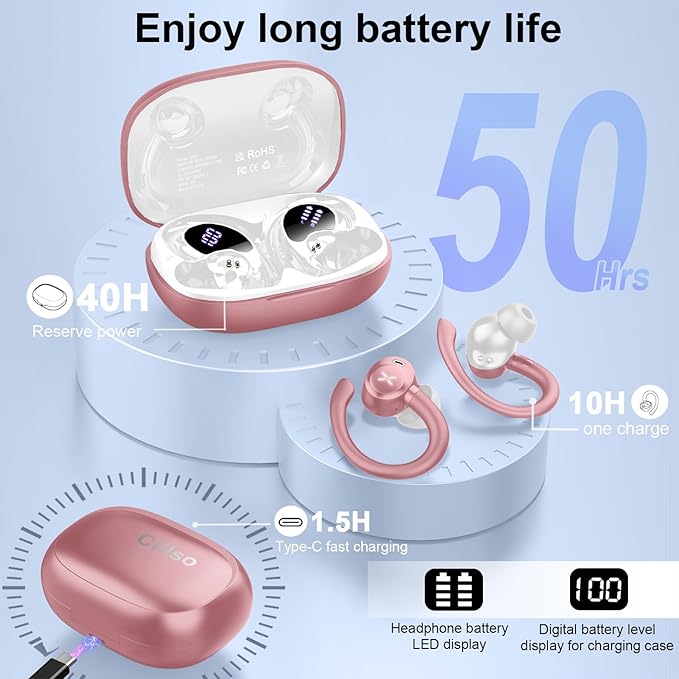 Wireless Earbuds, Sports Bluetooth 5.4 Headphones, Bass Sound 50Hrs Playtime Ear buds with Noise Cancelling Mic, Fast Charging Digital Display IPX7 Waterproof Earphones for Workout/Sports (Rose Gold)