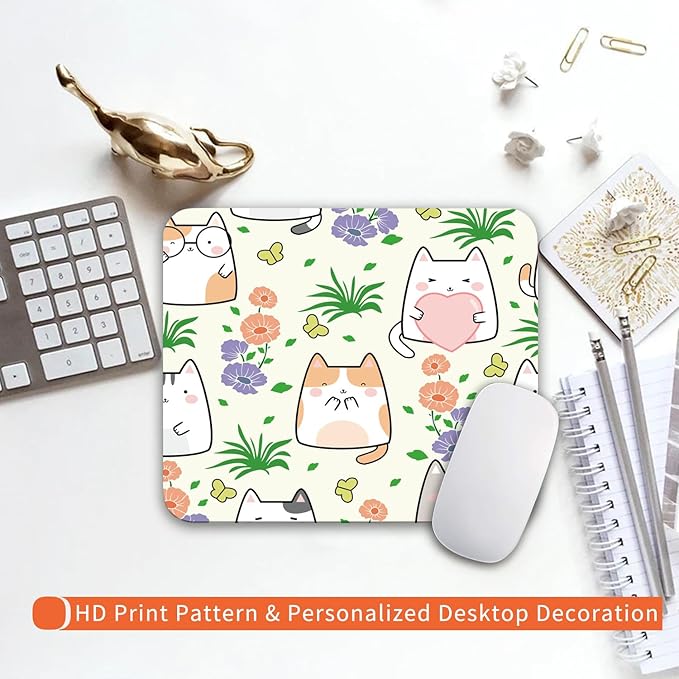 Square Mouse Pad Cute Cat, Personalized Premium-Textured Custom Mouse Mat Design, Washable Mousepad Cloth, Non-Slip Rubber Base Computer Mouse Pads for Wireless Mouse