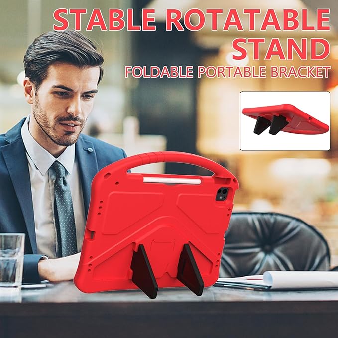 YRH Kids Case for iPad Air 13-in. M4/M3/M2 (2026/2025/2024), for iPad Pro 13-in. M5/M4 (2026/2024), with Strap Handle Stand, Red