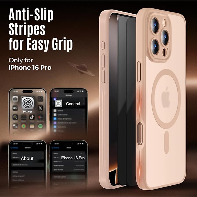 Symcele Designed for iPhone 16 Pro Case, Compatible with MagSafe, with Privacy Screen Protectors X2, [Camera Protection] [15FT Military Drop Protection] Shockproof Phone Case, 2024, Light Brown