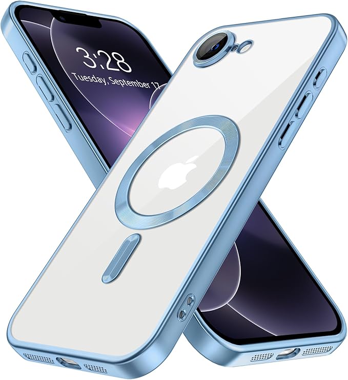 Hython Magnetic Clear for iPhone 17e Case with Camera Lens Protector [Compatible with MagSafe] Luxury Plating Edge Slim Soft TPU Cover Protective Phone Case for iPhone 17e 6.1", Matte Light Blue