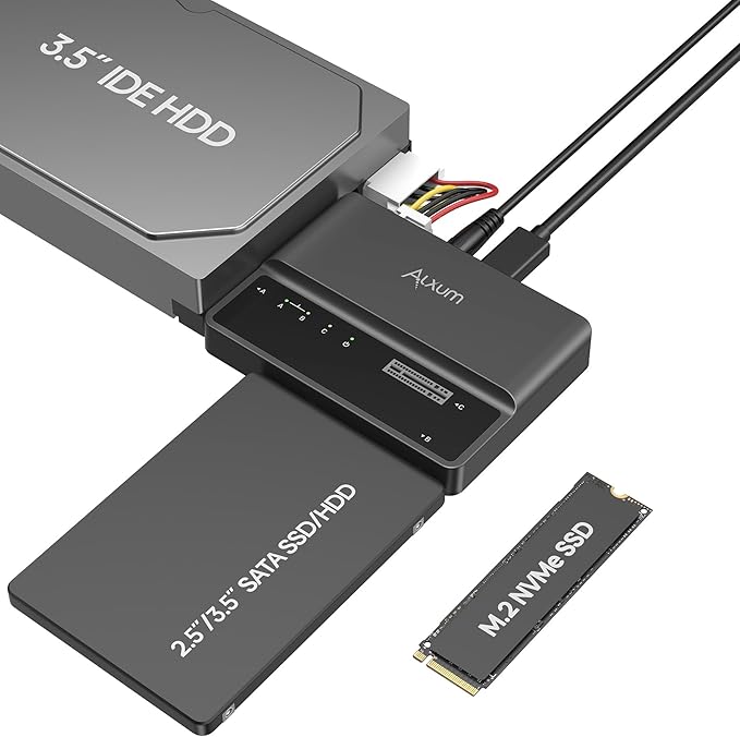 Alxum NVME M.2 SATA IDE SSD Enclosure External 3 in 1 Tool-Free PCIE-10Gbps USB 3.2 Type C Hard Drive Reader for 2230/2242/2260/2280,2.5" /3.5" SATA SSD and 3.5" IDE HDD