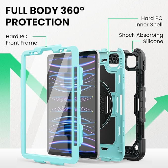 SEYMAC Case for iPad Pro 11 Case 4th/ 3rd/ 2nd/ 1st Gen (2022/2021/2020/2018), Full-Body Shockproof Protective Case with Screen Protector, 360° Rotating Stand and Hand/Shoulder Strap, Sky Blue