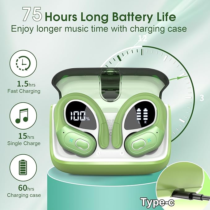 Wireless Earbuds 75hrs Bluetooth 5.4 Headphone Sport, 2026 Bluetooth Earbuds Stereo Deep Bass Over Ear Bud with Earhooks, ENC Noise Cancelling Mic, IPX7 Waterproof Earphone for Gym/Workout, Green
