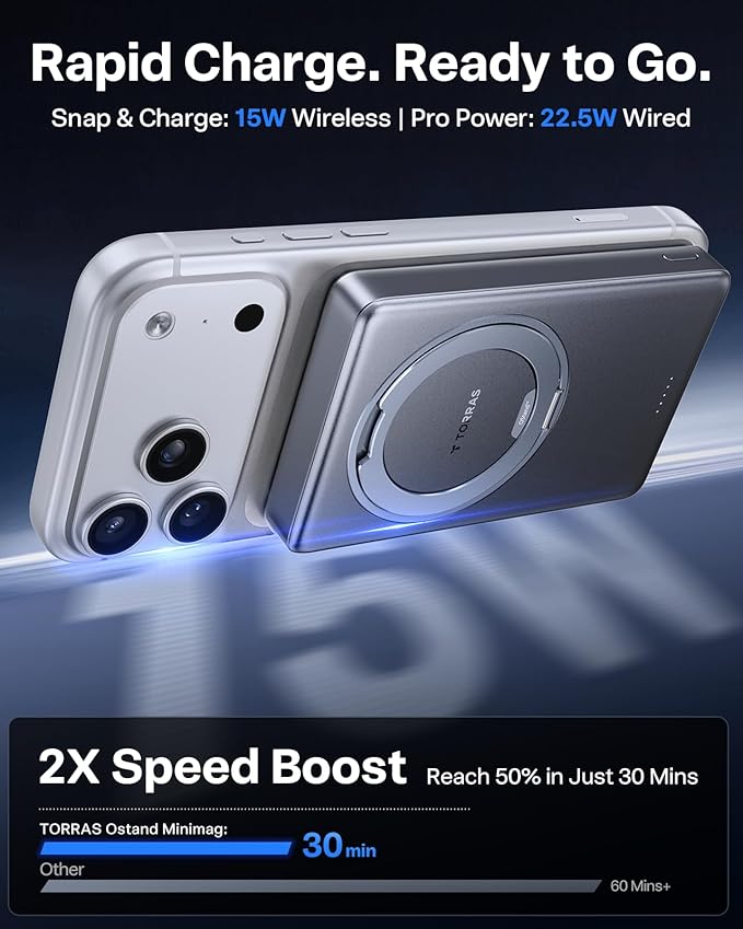 TORRAS Ostand Minimag 10000mAh Magnetic Portable Charger, 360° Rotatable Stand, 15W Wireless & 22.5W PD Fast Charging Battery Pack for iPhone 17/16/15/14, Pro Max, Plus, AirPods - Gray