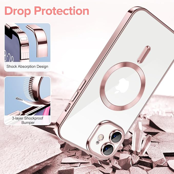Hython Magnetic Clear for iPhone 11 Case with Camera Lens Protector [Compatible with MagSafe] Luxury Plating Edge Slim Soft TPU Cover Protective Phone Case for iPhone 11 6.1", Pink