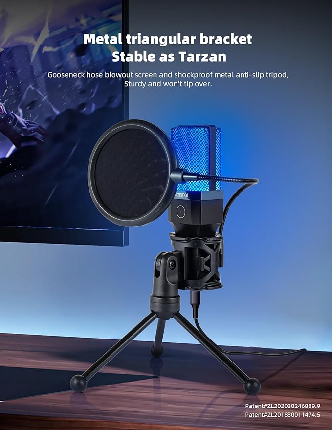 USB Microphone for PC, Cardioid Condenser Mic with RGB Light, One-Touch Mute, Gooseneck Tripod, USB-C/USB-A Computer Microphone for Gaming, Streaming, Podcasting, Recording