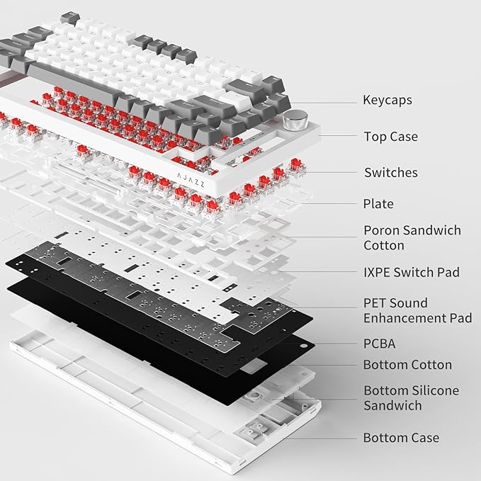 Ajazz AK820 75% Wired Gasket Mechanical Gaming Keyboard with Volume Knob - South Facing LED - Poron Foam - PBT Keycaps - Programmable RGB Hot Swap Keyboard