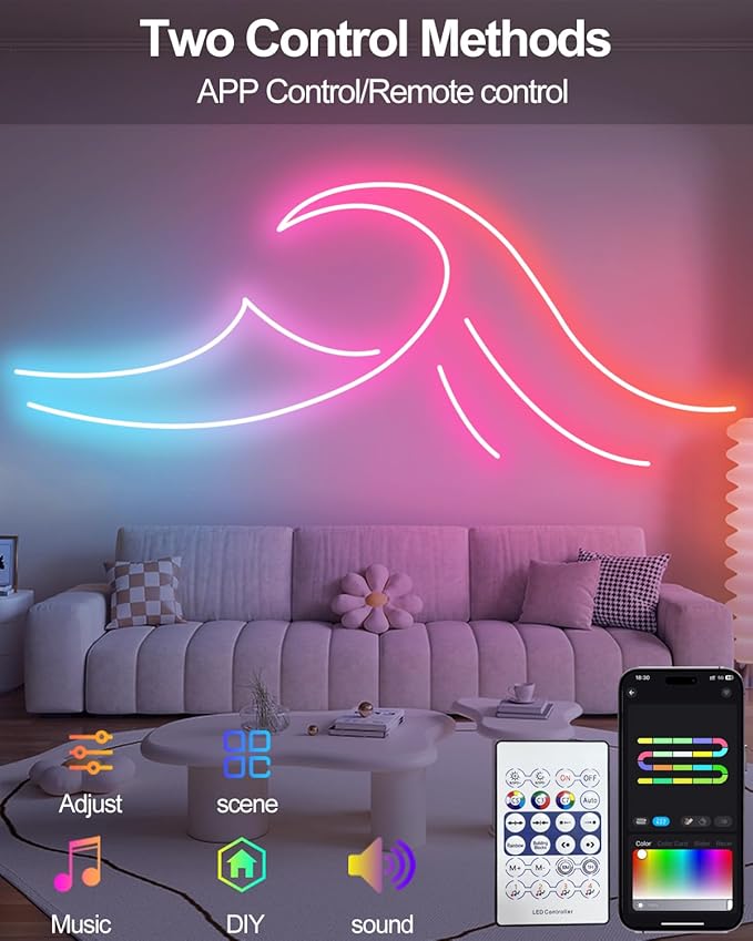 Smart Neon Rope Lights USB, 16.4Ft LED Rope Lights IC & RGB Color Changing with APP Control, Music Sync Neon Strip Lights Outdoor Waterproof DIY for Gaming Room Living Indoor Decor