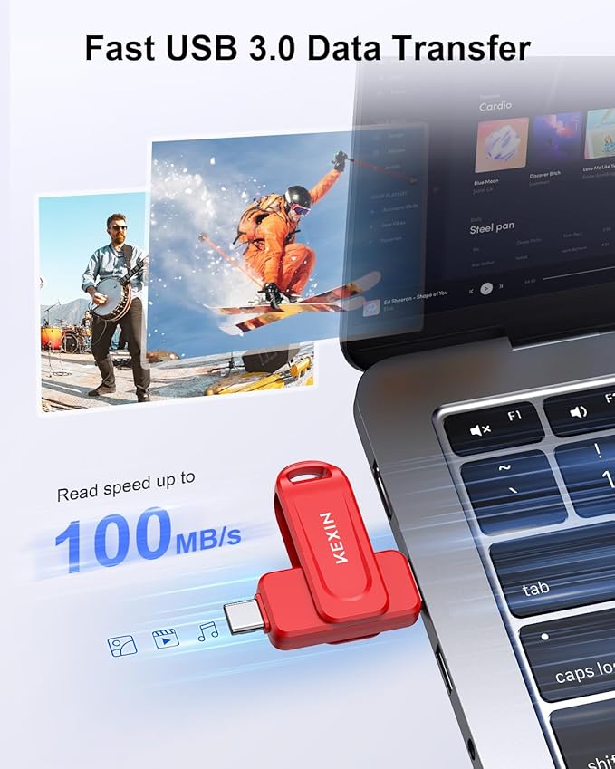 KEXIN Dual 64GB Flash Drive 3.0 USB-A & Type-C Thumb Drive 100MB/s Swivel USB Drive 64GB Memory Stick for Smartphone Tablet iPhone 15/16 Car Game Console, Red
