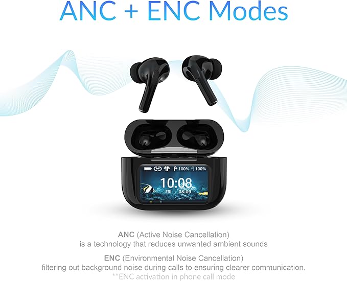 IQ Sound IQ-341 ANC & ENC Bluetooth Earphone with Touchscreen Display Charging Case, True Wireless Earbuds, Stereo Sound, Dual Mic, Voice Assistant, In-Ear Detection, USB-C Charging (Black)