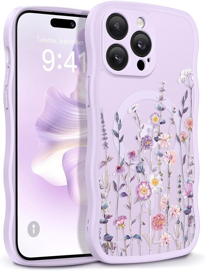 GVIEWIN for iPhone 14 Pro Max Case Compatible with MagSafe [Curly Wave Edge][Full Camera Protection] Floral Translucent Shockproof Magnetic Women Phone Case for 14 Pro Max, Floratopia/Colorful