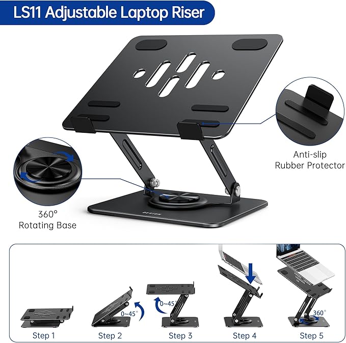 BESIGN LS11 Laptop Stand with 360° Rotating Base, Ergonomic Adjustable Notebook Riser, Foldable Computer Holder Compatible with 10-14" Laptops (Black)