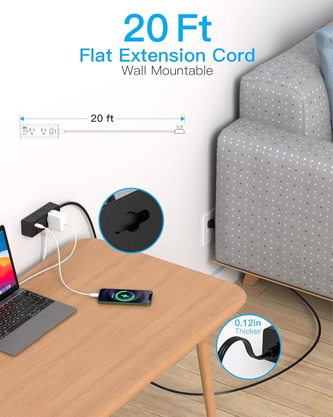 20Ft Extension Cord with Multiple Outlets, Flat Plug Power Strip Surge Protector with 20 Ft Long Cord, 6 Outlet 4 USB Ports (2 USB C), Multi Outlet Wall Plug for College, Dorm Room Essentials(Black)