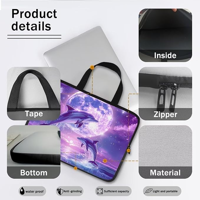 Purple Dolphin Full Moon Laptop Case 13 Inch, Waterproof Laptop Sleeve for Women Men, Portable Laptop Cover Computer Carrying Bag Cases with Handle, Fits Tablet/Notebook/Reader