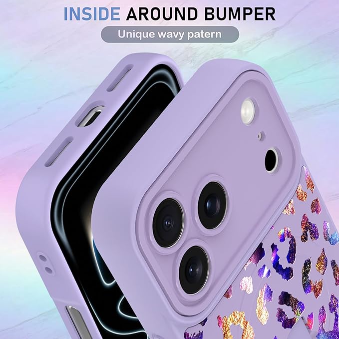 KANGHAR Compatible with iPhone 17 Pro Case, Support for MagSafe, Silicone Cute Iridescent Leopard Cheetah Pattern, Wristband Kickstand Shockproof Protective Slim Cover for Women Girls, Purple