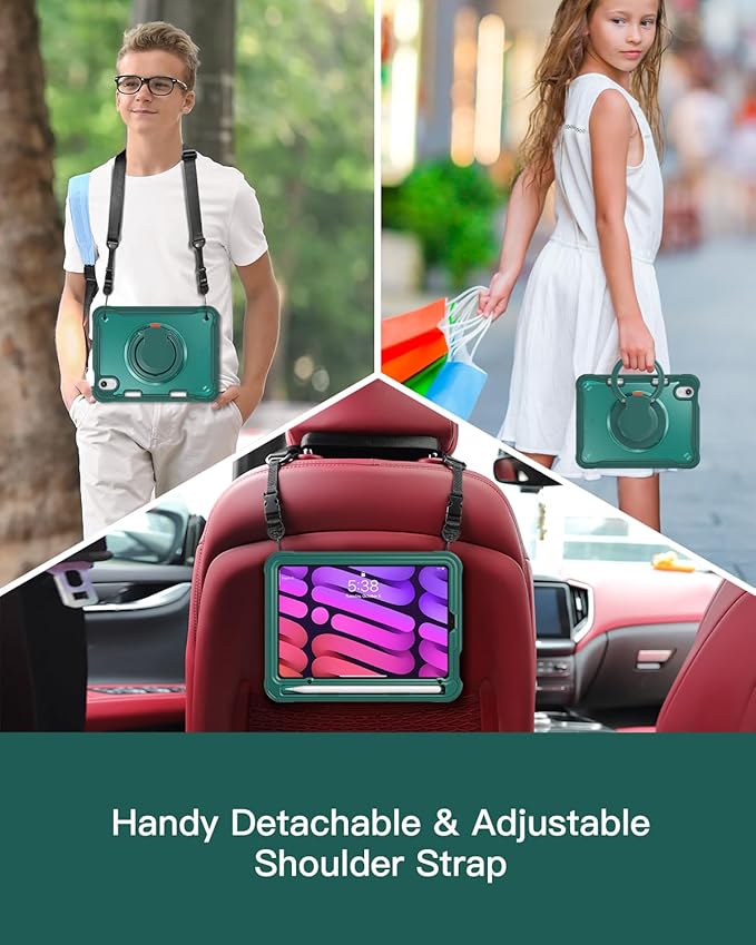 BRAECN for iPad (a17 pro) Mini 7/Mini 6 Case 2024/2021 8.3 inch with Pencil Holder Protective Clear Ring Handle 360 Rotating Stand Shockproof Dropproof Rugged Carrying Shoulder Strap Kids Friendly