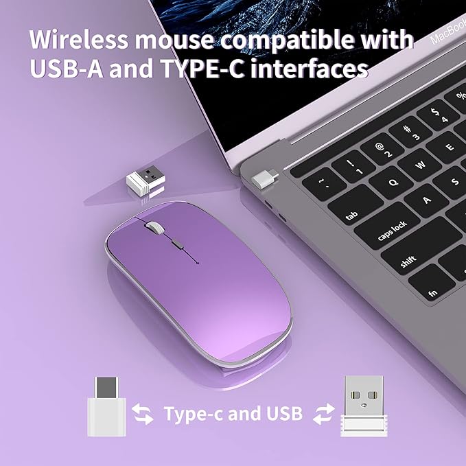 Halpilt Wireless Mouse Chargeable Portable Silent USB and Type-C Dual Mode Wireless Mouse 3 Adjustable DPI for Laptop, Mac, Android, PC (Q23S Black) (Purple)