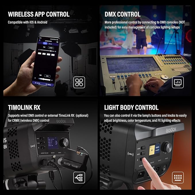 Godox Litemons LE300Bi COB Led Video Light, Godox Bowens Mount 315W Bi-Color Continuous Output Light with DMX/Bluetooth APP Control, NFC Connection, 2800K~6500K, 58900Lux@1m, CRI/TLCI98, 11 Fx Effects