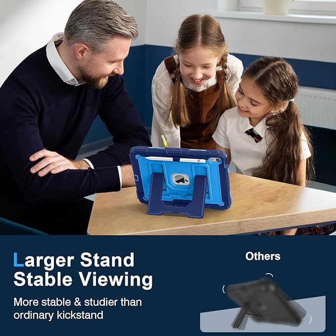 Kids Friendly Case for iPad A16 11th Generation 11 Inch 2025 / iPad 10th Generation 10.9" 2022 Case with Pencil Holder & Shoulder Strap, Hybrid iPad 11 10 Cover Rugged Shockproof Kickstand,Blue