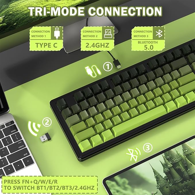 FELICON Attack Shark M87 PRO Wireless Mechanical Gaming Keyboard – 87-Key Tri-Mode (Bluetooth 5.0/2.4Ghz/USB-C), Hot-Swappable Linear Switch, RGB Backlit, 5000mAh Battery – Matcha Green